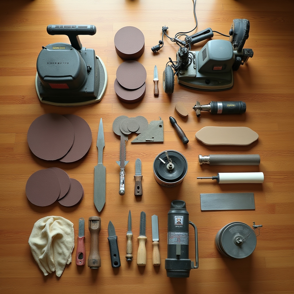 Set complet de echipamente profesionale pentru recondiționare parchet, incluzând mașini de șlefuit și accesorii